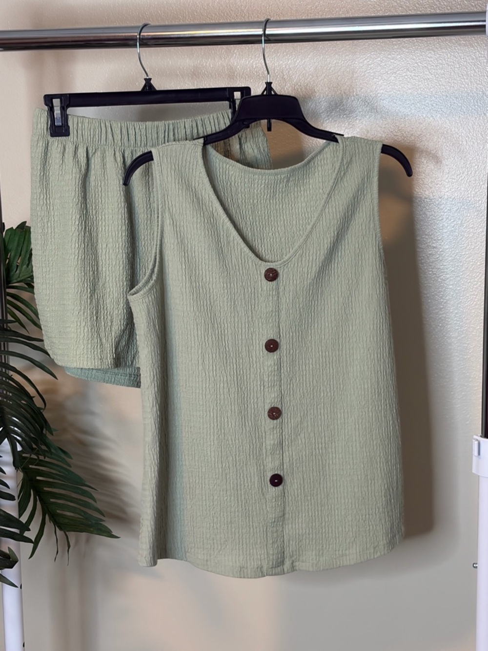 Sage Green Matching Set Tank Top Shorts Linen Look Button Front Summer Outfit